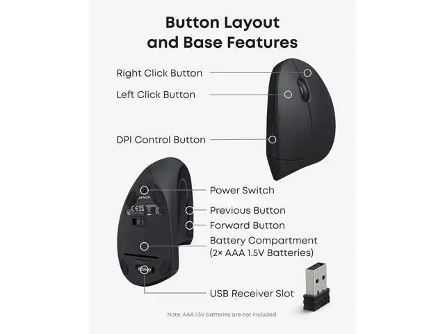 Alt view image 4 of 6 - 2.4G Wireless Vertical Ergonomic Optical Mouse For Work Multi-Device Connectivity 800 / 1200 /1600 DPI 5 Buttons for Laptop Desktop PC - Black