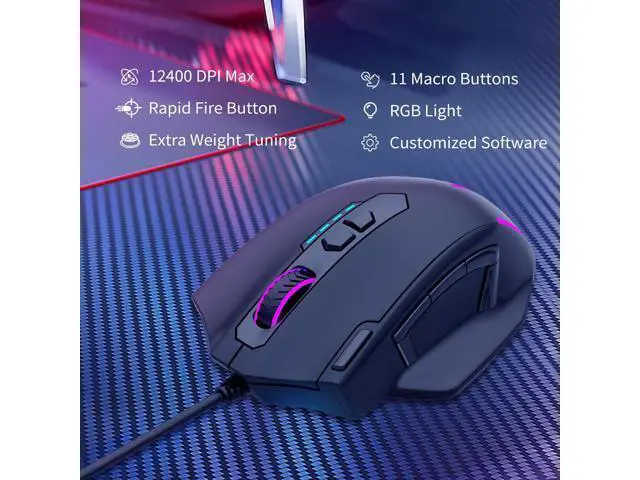 Alt view image 2 of 7 - AUTYUE Large Gaming Mouse Wired, 12400 DPI, 11 Programmable Buttons, Rapid Fire Button, 5 Side Buttons, RGB Backlit, Adjustable Weights, Software Supports, Wired Mouse for PC/Mac and Laptop - Black