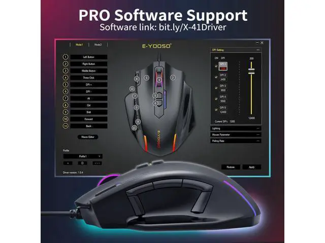 Alt view image 6 of 7 - AUTYUE Large Gaming Mouse Wired, 12400 DPI, 11 Programmable Buttons, Rapid Fire Button, 5 Side Buttons, RGB Backlit, Adjustable Weights, Software Supports, Wired Mouse for PC/Mac and Laptop - Black