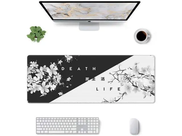 Alt view image 3 of 7 - Black and White Cherry Blossom Gaming Mouse Pad XL Extended Large Mouse Mat Desk Pad Stitched Edges Mousepad Long Non-Slip Rubber Base Mice Pad 31.5 X 11.8 Inch