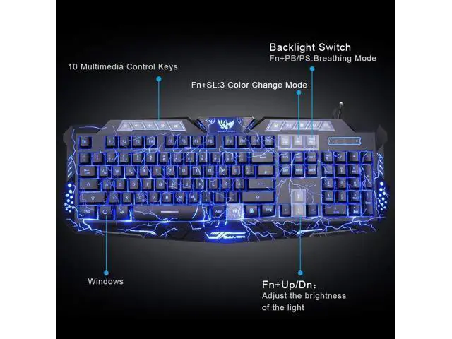 Alt view image 5 of 7 - BlueFinger Gaming Keyboard and Mouse,USB Wired Backlit Gaming Mouse and Keyboard Combo,Letters Glow, 3 Color Crack Backlit,Illumination Keyboard and Mouse Set for Game and Work
