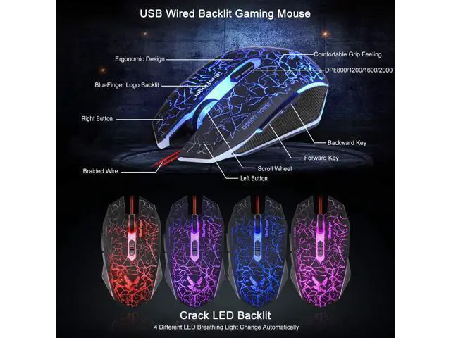 Alt view image 6 of 7 - BlueFinger Gaming Keyboard and Mouse,USB Wired Backlit Gaming Mouse and Keyboard Combo,Letters Glow, 3 Color Crack Backlit,Illumination Keyboard and Mouse Set for Game and Work