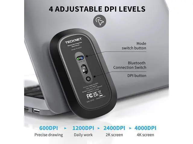 Alt view image 4 of 7 - Bluetooth Mouse, Slim Silent Rechargeable Wireless Mouse Bluetooth 5.0/3.0 2.4G Portable Optical Cordless Mice with USB Receiver 4 Adjustable DPI for MacBook iPad Windows Computer Laptop PC