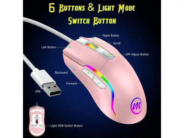 Alt view image 4 of 7 - memzuoix Wired Gaming Mouse with RGB - 6 Adjustable DPI up to 12800, 6 Buttons, 12 Lighting Modes, Ergonomic Design with Anti-Slip Rubber Wheel, 5.6ft Braided Cable for PC/Mac/Windows - Pink