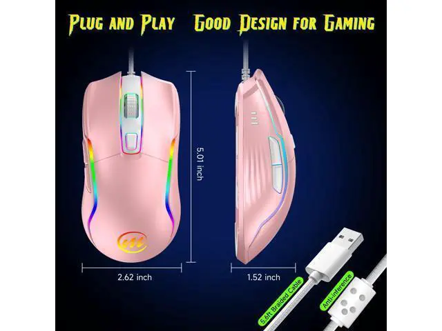 Alt view image 6 of 7 - memzuoix Wired Gaming Mouse with RGB - 6 Adjustable DPI up to 12800, 6 Buttons, 12 Lighting Modes, Ergonomic Design with Anti-Slip Rubber Wheel, 5.6ft Braided Cable for PC/Mac/Windows - Pink