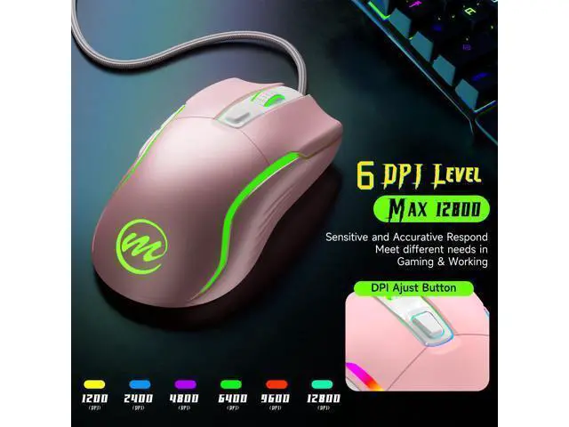 Alt view image 2 of 7 - memzuoix Wired Gaming Mouse with RGB - 6 Adjustable DPI up to 12800, 6 Buttons, 12 Lighting Modes, Ergonomic Design with Anti-Slip Rubber Wheel, 5.6ft Braided Cable for PC/Mac/Windows - Pink