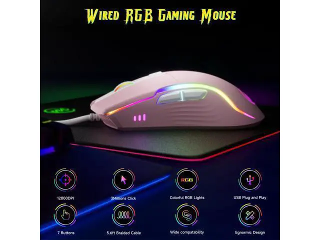 Alt view image 7 of 7 - memzuoix Wired Gaming Mouse with RGB - 6 Adjustable DPI up to 12800, 6 Buttons, 12 Lighting Modes, Ergonomic Design with Anti-Slip Rubber Wheel, 5.6ft Braided Cable for PC/Mac/Windows - Pink