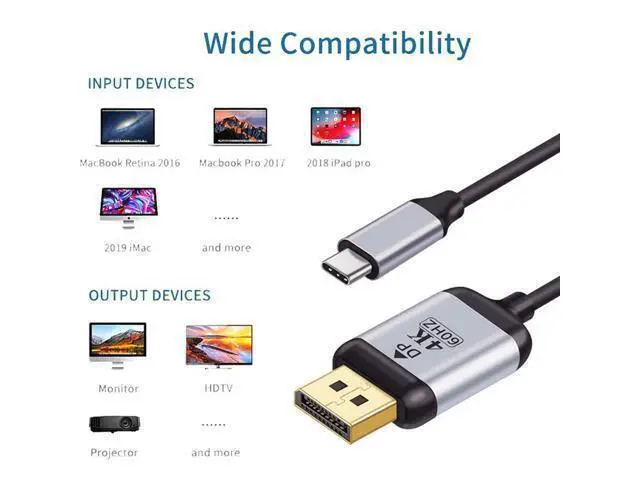 Alt view image 3 of 7 - Vszerda 1.8m USB 3.1 Type C USB-C Source to DisplayPort DP Displays Male 4K Monitor Cable for Laptop (USB-C to DP)