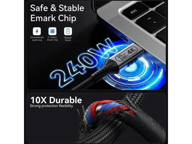 Alt view image 3 of 7 - Vszerda 10ft USB-C to USB-C Cable, 20Gbps Data Transfer, 4K@60Hz Video, 240W Fast Charge, Compatible with Laptops, Tablets, Smartphones, and Computers