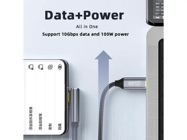 Alt view image 4 of 7 - Vszerda 90 Degree USB3.1 USB-C Type-C Male to Male Cable Low Profile Angled 4K@60Hz Gen 2 100W 10Gbps Data Extension Cord for Laptop Phone, 3m/9.8ft