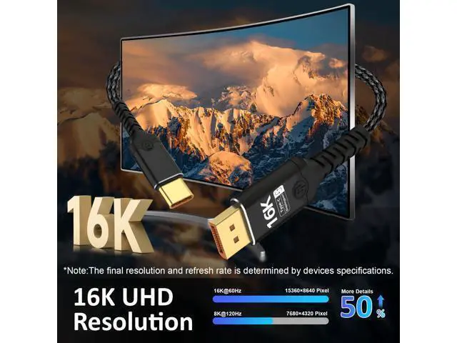 Alt view image 4 of 7 - Vszerda Displayport to USB C Bidirectional USB C to DisplayPort 2.1 Cable Support 16K@60Hz 8K@120Hz Resolution Braided Thunderbolt 5 Compatible with MacBook Pro/Air,Galaxy S25, iPad Pro,XPS 17, 6.56FT