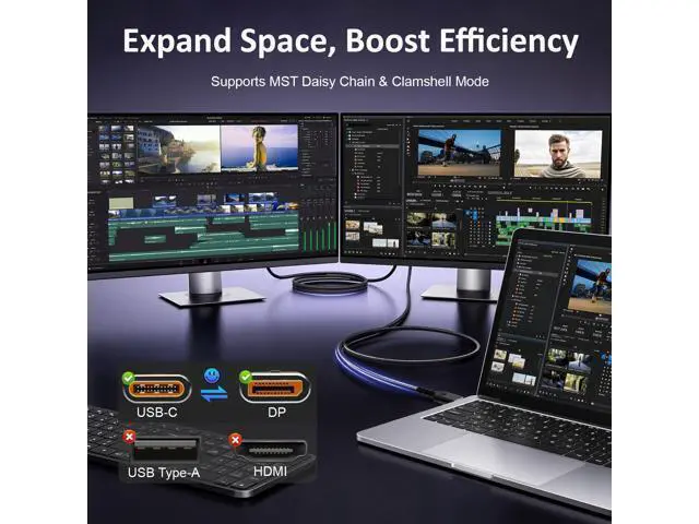Alt view image 7 of 7 - Vszerda Displayport to USB C Bidirectional USB C to DisplayPort 2.1 Cable Support 16K@60Hz 8K@120Hz Resolution Braided Thunderbolt 5 Compatible with MacBook Pro/Air,Galaxy S25, iPad Pro,XPS 17, 6.56FT