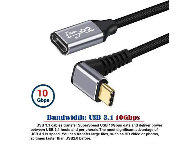 Alt view image 2 of 7 - Vszerda Down & Up Angled USB-C USB 3.1 Type C Male to Female Extension Data Cable 10Gbps 100W with Sleeve for Laptop 3.0m