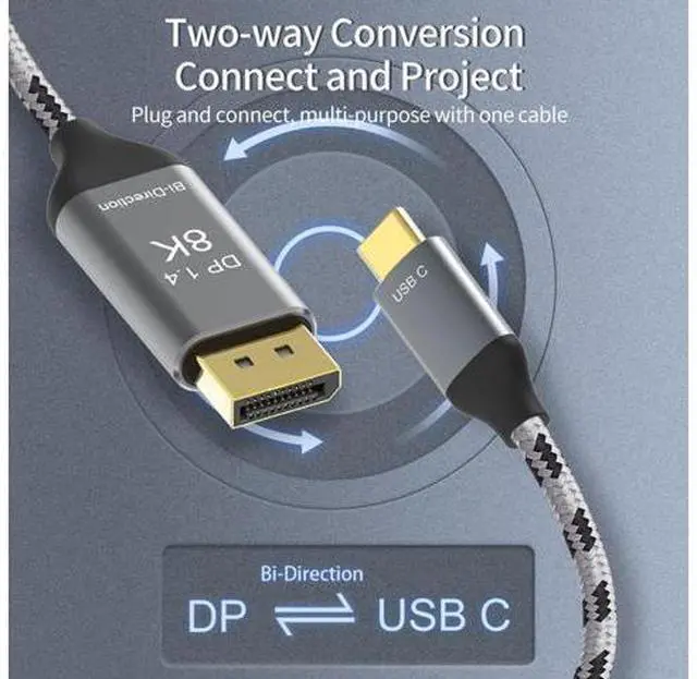 Alt view image 4 of 7 - Vszerda Reversible DisplayPort to USB C Cable 8K, DP Source to USB 3.1 Type C Male Displays HDTV Cord for Laptop Monitor 1.8m