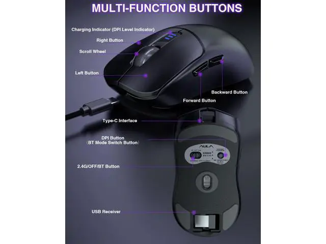 Alt view image 5 of 7 - Vszerda SC580 Wireless Gaming Mouse, Tri-Mode 2.4G/BT5.0/USB-C Gaming Mouse, 12000 DPI Rechargeable Wireless Mouse with 6 Programmable Buttons, Ergonomic Computer Mouse for Laptop/PC/Mac/Tablet