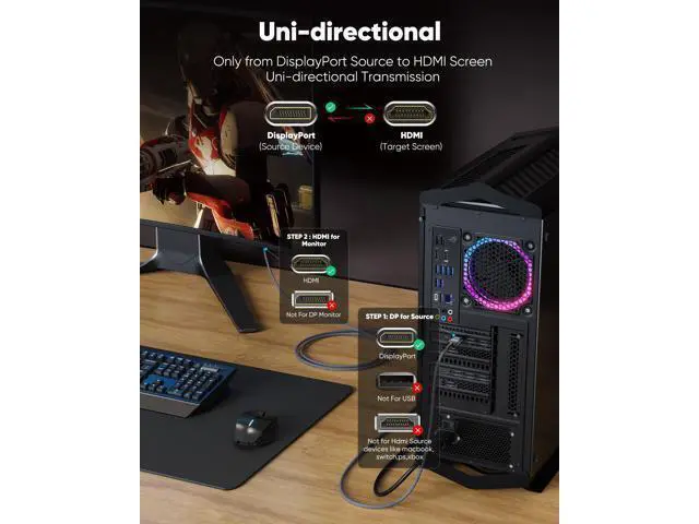 Alt view image 4 of 7 - Vszerda 4K DisplayPort to HDMI, 10ft Uni-Directional DP (Source) to HDMI (Display) 1.4 Cable, 4K@30Hz, 2K@60Hz, 1080P Full HD, Braided Cord for Dell, NVIDIA, AMD, Monitor, Projector (Grey)