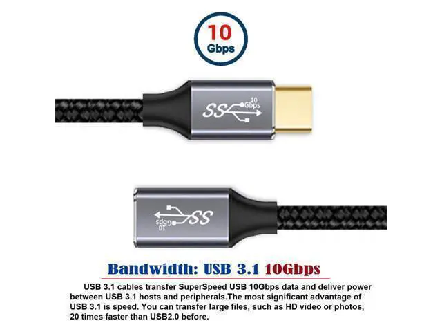 Alt view image 4 of 7 - Vszerda Straight USB-C USB 3.1 Type C Male to Female Extension Data Cable 10Gbps 100W with Sleeve for Laptop 3.0m