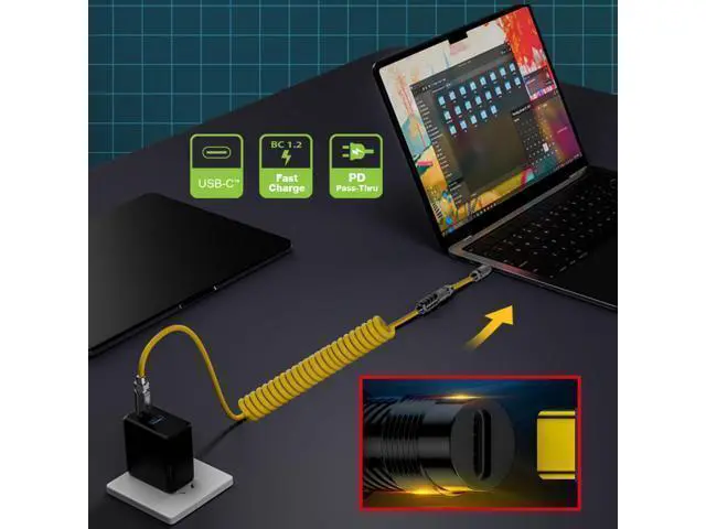 Alt view image 2 of 7 - Vszerda Stretch Coiled Silicone 140W USB-C USB4 Cable 20Gbps 8K Type-C Male to Male Cable Power & Data for Gaming Keyboard Mouse 1.8m/6ft