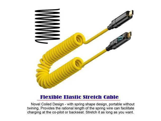 Alt view image 2 of 7 - Vszerda Stretch Coiled USB-C USB4 Cable with Smart LED Display 20Gbps 100W 8K for Laptop Disk Phone Type-C Male to Male Cable Power & Data 180cm