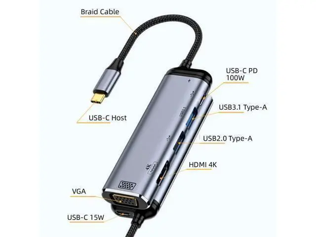 Alt view image 2 of 7 - Vszerda Type C USB3.1 USB-C to HDMI VGA Dual USB 3.0 HUB Converter HDTV Multiport Adapter 4K 60hz 1080p with Female PD 100W Power Port