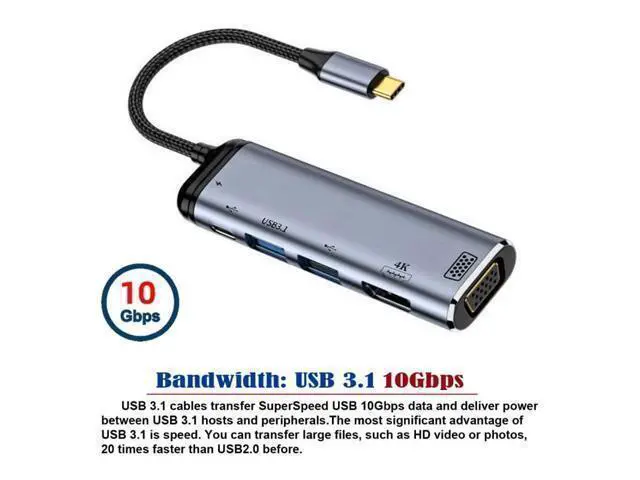 Alt view image 3 of 7 - Vszerda Type C USB3.1 USB-C to HDMI VGA Dual USB 3.0 HUB Converter HDTV Multiport Adapter 4K 60hz 1080p with Female PD 100W Power Port