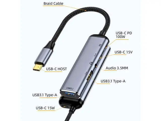 Alt view image 2 of 7 - Vszerda Type C USB-C to Audio 3.5MM Dual USB 3.0 HUB Converter Multiport Adapter with Female 100W PD Power Port