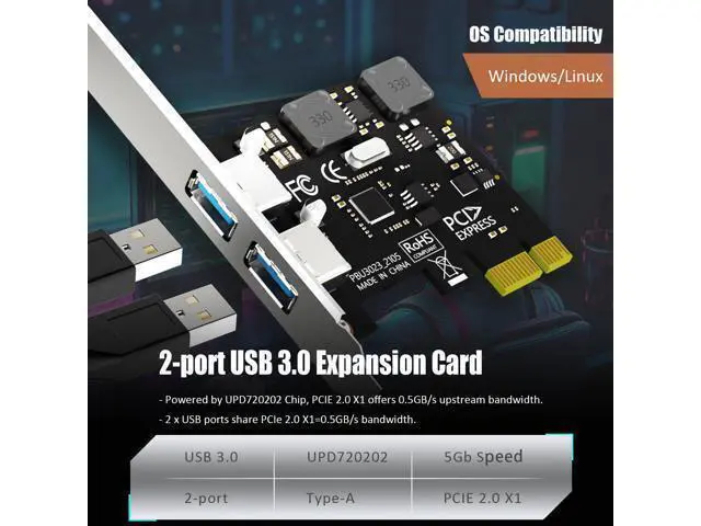 Alt view image 3 of 7 - Vszerda U3023 2-Port USB 3.0 Type-A 5Gb PCIe Expansion Card for Intel, AMD, and ARM Platform, Compatible with Windows and Linux (Not Support Mac OS)