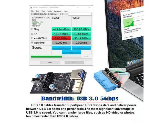 Alt view image 3 of 7 - Vszerda USB 3.0 19/20Pin & Type-E Female Header Splitter to Dual Type-E & USB 3.0 20Pin Outputs, 5Gbps, Black, 11cm Cable, PC Adapter