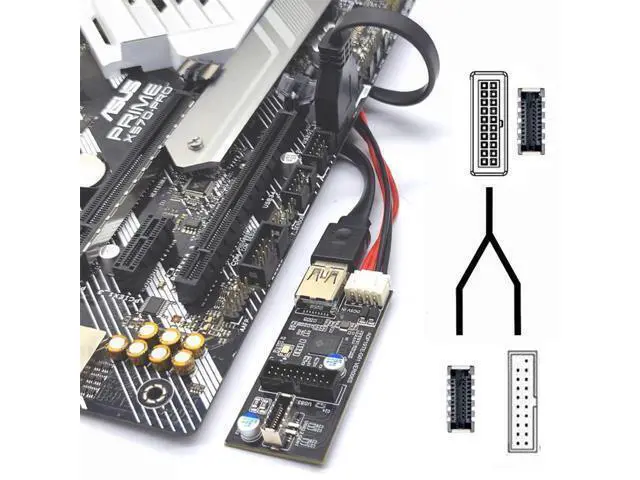 Alt view image 7 of 7 - Vszerda USB 3.0 19/20Pin & Type-E Female Header Splitter to Dual Type-E & USB 3.0 20Pin Outputs, 5Gbps, Black, 11cm Cable, PC Adapter