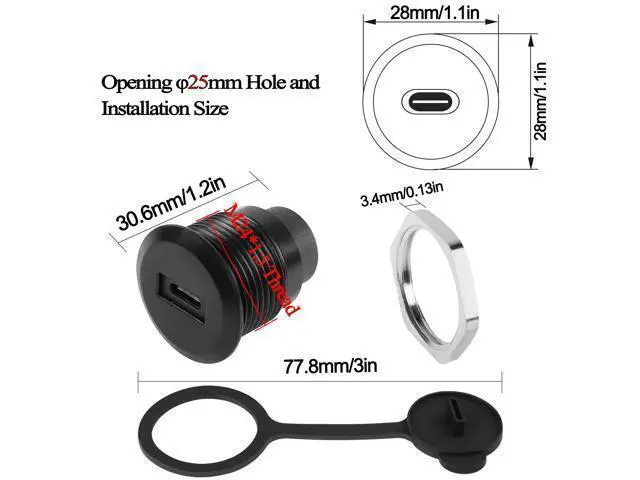 Alt view image 5 of 7 - Vszerda USB C to USB 3.0 Embedded Threaded Fixed Adapter 5Gbps USB C Female to USB 3.0 Female Panel Mount Round Connector with Waterproof Dust Cap