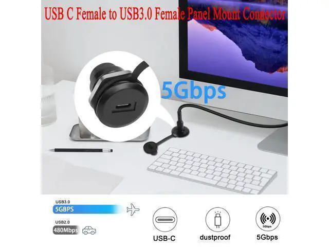 Alt view image 3 of 7 - Vszerda USB C to USB 3.0 Embedded Threaded Fixed Adapter 5Gbps USB C Female to USB 3.0 Female Panel Mount Round Connector with Waterproof Dust Cap