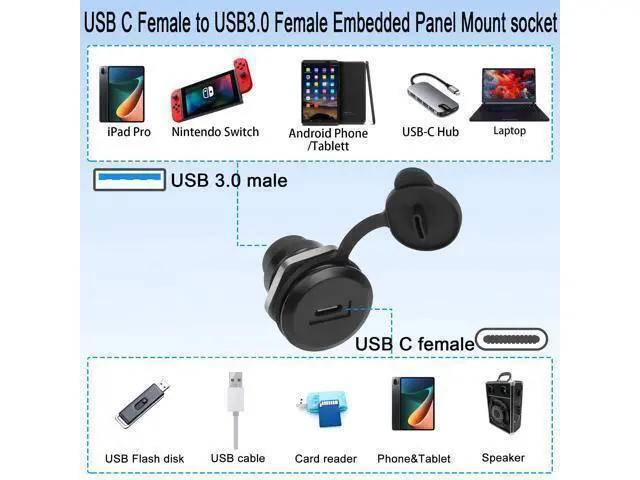Alt view image 7 of 7 - Vszerda USB C to USB 3.0 Embedded Threaded Fixed Adapter 5Gbps USB C Female to USB 3.0 Female Panel Mount Round Connector with Waterproof Dust Cap