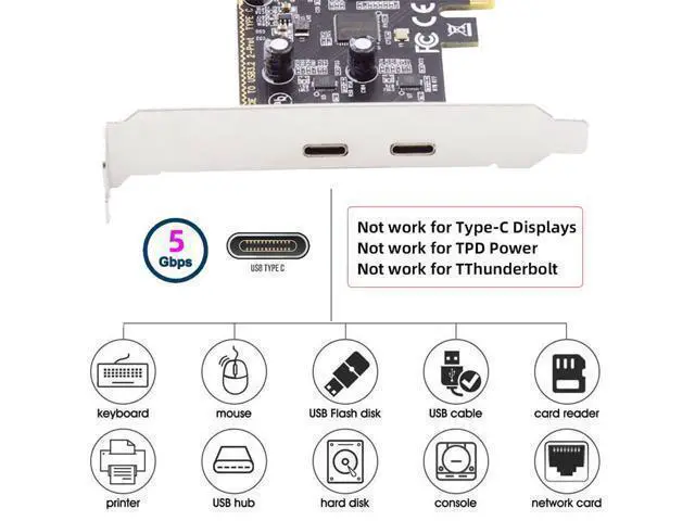 Alt view image 7 of 7 - Vszerda USB PCI-E Express 1x Card USB3.1 Gen1 5Gbps Dual Type-C USB-C Female to PCI-E Adapter ASM1042 with Low Profile Bracket