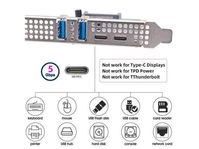 Alt view image 7 of 7 - Vszerda USB3.1 Gen1 5Gbps Dual Type-A & Type-C USB-C Female to PCI-E Card Adapter USB PCI-E Express 1x uPD720201 with Low Profile Bracket