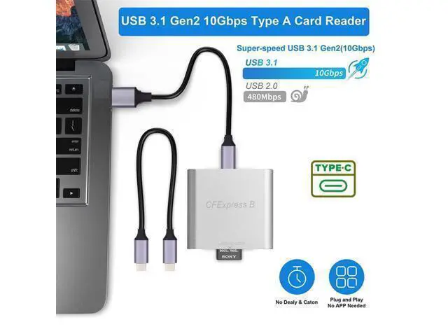 Alt view image 4 of 7 - Vszerda USB3.1 Type-C USB3.0 Type-A to CFE Type-B Slot Card Reader Gen 2 10Gpbs CF Express Extension Adapter with USB C to USB C/USB A Cable