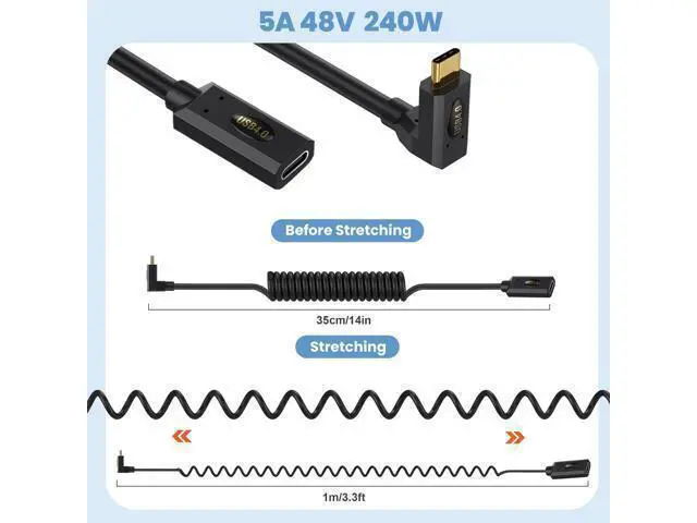 Alt view image 4 of 7 - Vszerda USB4.0 Cable Spring Coiled, USB C to USB C Cord 8K/6K @60hz 40Gbps 240W Fast Data Charging Type C Spring Spiral Cord Cables, 4FT/1.2M (Male to Female, Straight to Straight)