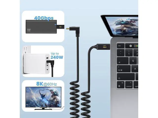 Alt view image 3 of 7 - Vszerda USB4.0 Cable Spring Coiled, USB C to USB C Cord 8K/6K @60hz 40Gbps 240W Fast Data Charging Type C Spring Spiral Cord Cables, 4FT/1.2M (Male to Female, Straight to Straight)