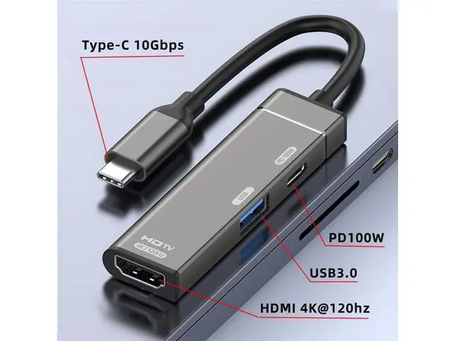 Alt view image 3 of 7 - Vszerda USB-C Type-C to HDMI Multiport Adapter 4K@120hz USB 3.0 OTG Converter HDTV with Female PD 100W Power Port