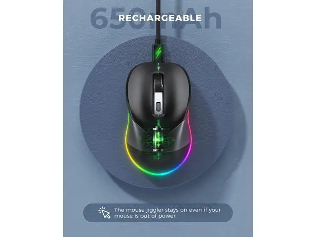 Alt view image 7 of 7 - Wireless Mouse, Jiggler Mouse for Laptop - LED Mouse Rechargeable Computer Mice Mouse Mover Undetectable Random Movement with On/Off Button Keeps Computer Awake - Black&Grey