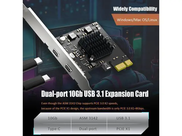 Alt view image 3 of 7 - GLOTRENDS U3142CX1 2-Port 10Gb USB 3.1 Gen2 Type-C to PCIE X1 Expansion Card with ASM 3142 Chip, Regular and Low-profible Bracket