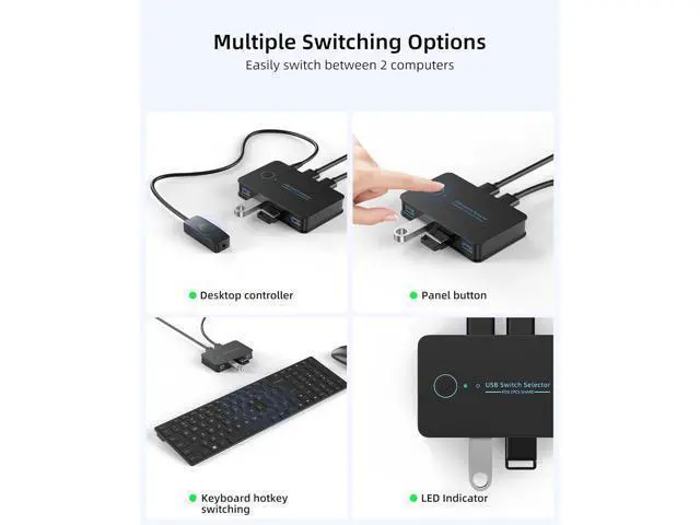 Alt view image 4 of 7 - USB 3.0 Switch 2 in 4 Ouit, USB Switcher for 2 Computers Share 4 USB for Printer Keyboard Mouse, Scanner, USB KVM Switch Selector with 2 USB 3.0 Cables, Support Hotkey/Button/Wired Remote Switching