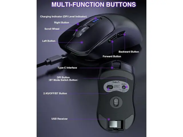 Alt view image 5 of 7 - AULA SC580 Wireless Gaming Mouse, Tri-Mode 2.4G/BT5.0/USB-C Gaming Mouse, 12000 DPI Rechargeable Wireless Mouse with 6 Programmable Buttons, Ergonomic Computer Mouse for Laptop/PC/Mac/Tablet