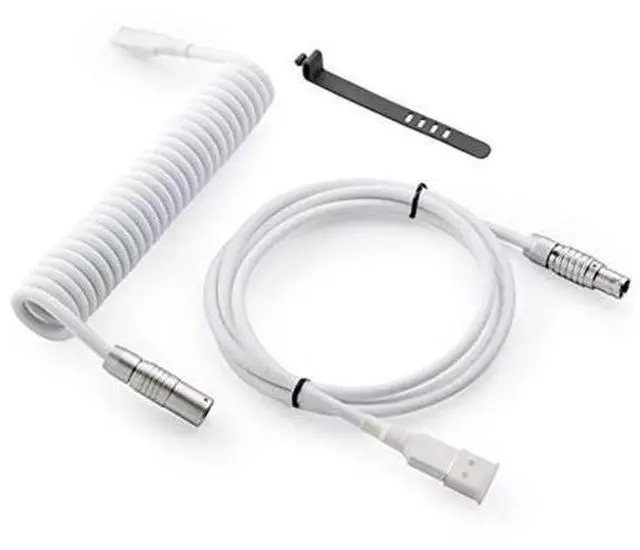 Main image of pro custom coiled usb c cable for gaming keyboard, double-sleeved mechanical keyboard cable with slim type detachable metal aviator, 1.5m usb-c to usb-a, white color