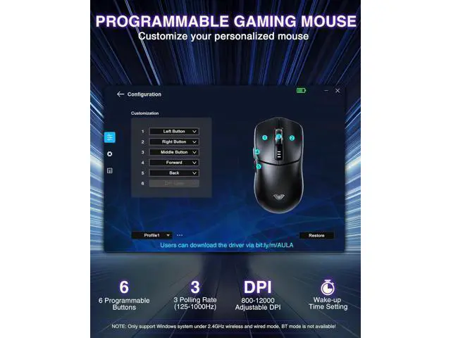 Alt view image 7 of 7 - AULA SC580 Wireless Gaming Mouse, Tri-Mode 2.4G/BT5.0/USB-C Gaming Mouse, 12000 DPI Rechargeable Wireless Mouse with 6 Programmable Buttons, Ergonomic Computer Mouse for Laptop/PC/Mac/Tablet