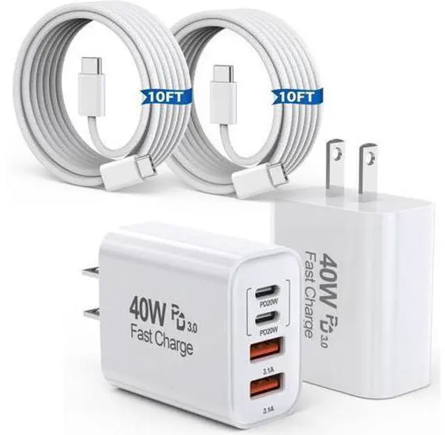 Main image of 10FT iPhone 17 16 15 Pro Charger,2Pack 10Foot USB C to C Woven Cable Cord 40W USB C Apple Charger 4 Port PD&AC Charge Block Fast Charging for iPhone 17 Air/17 16 15 Pro Max/16e/16 Plus/15/15 Pro/iPad