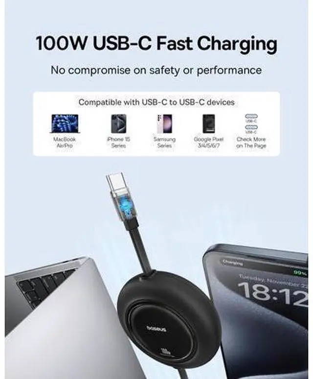 Alt view image 2 of 7 - Baseus USB C Cable, PD 100W 6.6ft Retractable USB C to USB C Fast Charging Cable USB C Cable, 2-Pack 3.3ft 100W 5A Fast Charging USB C to USB C Cable
