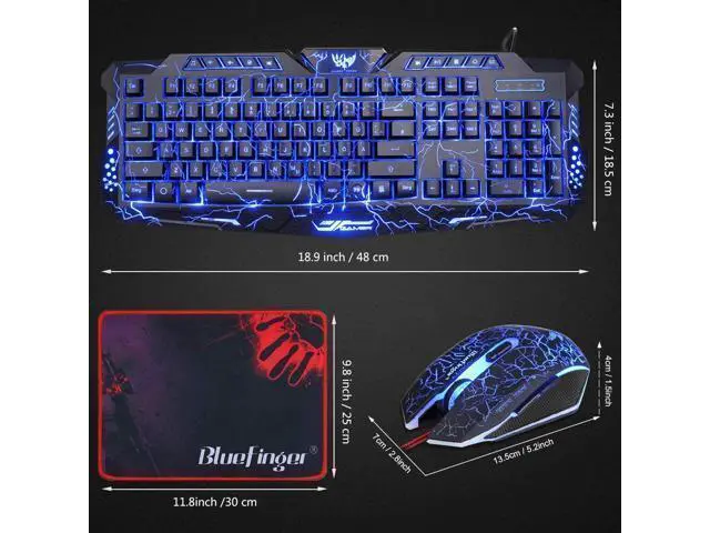 Alt view image 5 of 7 - BlueFinger Gaming Keyboard and Mouse,USB Wired Backlit Gaming Mouse and Keyboard Combo,Letters Glow, 3 Color Crack Backlit,Illumination Keyboard and Mouse Set for Game and Work