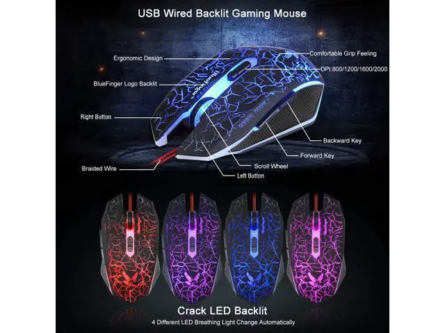Alt view image 7 of 7 - BlueFinger Gaming Keyboard and Mouse,USB Wired Backlit Gaming Mouse and Keyboard Combo,Letters Glow, 3 Color Crack Backlit,Illumination Keyboard and Mouse Set for Game and Work