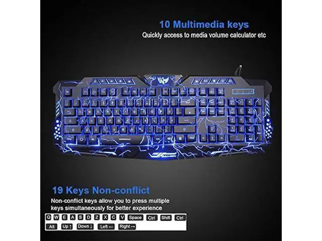 Alt view image 3 of 7 - BlueFinger Gaming Keyboard and Mouse,USB Wired Backlit Gaming Mouse and Keyboard Combo,Letters Glow, 3 Color Crack Backlit,Illumination Keyboard and Mouse Set for Game and Work