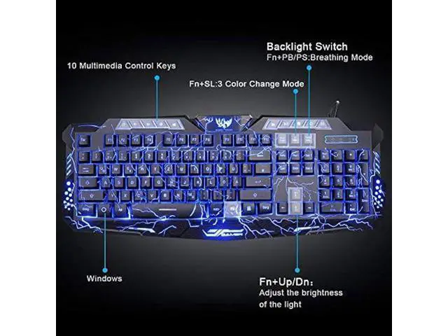 Alt view image 5 of 7 - BlueFinger Gaming Keyboard and Mouse,USB Wired Backlit Gaming Mouse and Keyboard Combo,Letters Glow, 3 Color Crack Backlit,Illumination Keyboard and Mouse Set for Game and Work